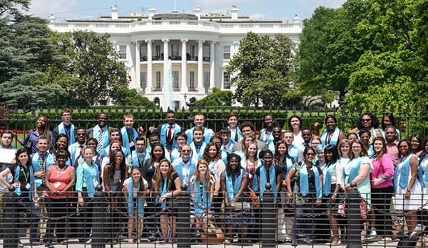 NFYI In The News-08 - April 2016 - Large Group of Students Wearing Blue Sashes Pose in Front of the White House